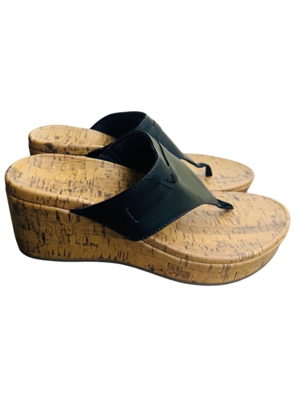 Vionic Cameron Black Leather Faux Cork-Look Wedge Thong Sandals Women 6 Orthotic
